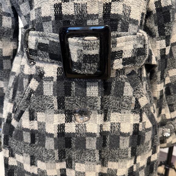Daytrip Plaid Wool Blend Trench Coat Jacket Peacoat Belted Black Gray Cream L - Picture 8 of 12